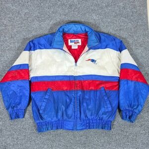 Vintage 80s Locker Line New England Patriots NFL Bomber Jacket Blue Red Mens L